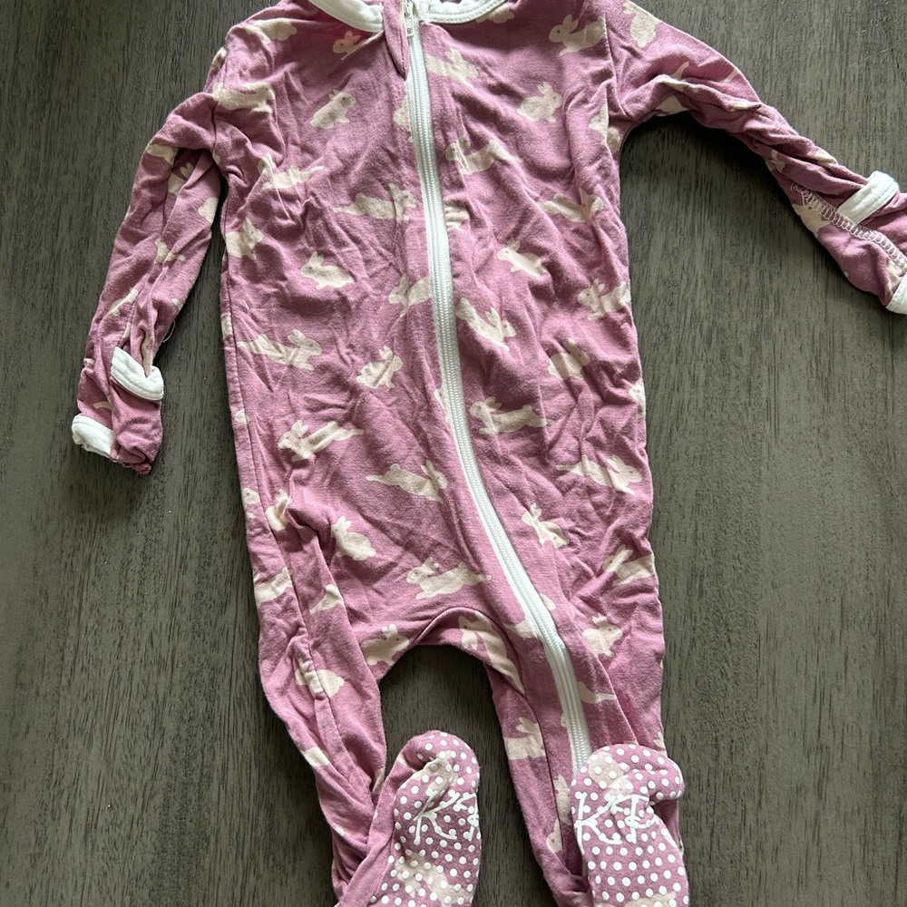 KicKee Pants Pink and White Bunny Footie with Non-Slip Soles